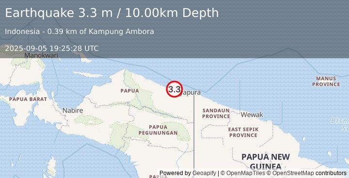 Earthquake NEAR N COAST OF PAPUA, INDONESIA (3.3 m) (2025-09-05 19:25:28 UTC)