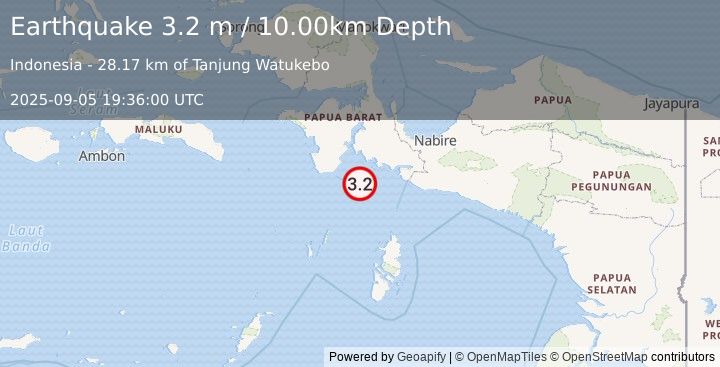 Earthquake NEAR S COAST OF PAPUA, INDONESIA (3.2 m) (2025-09-05 19:36:00 UTC)