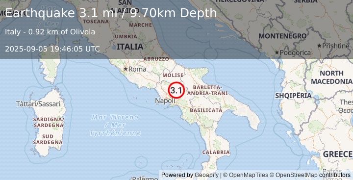 Earthquake SOUTHERN ITALY (3.1 ml) (2025-09-05 19:46:05 UTC)