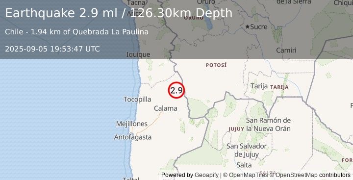Earthquake ANTOFAGASTA, CHILE (2.9 ml) (2025-09-05 19:53:47 UTC)