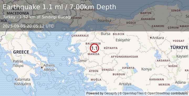 Earthquake WESTERN TURKEY (1.0 ml) (2025-09-05 20:06:02 UTC)