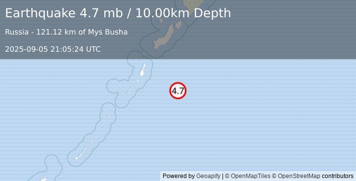 Earthquake EAST OF KURIL ISLANDS (4.7 mb) (2025-09-05 21:05:24 UTC)