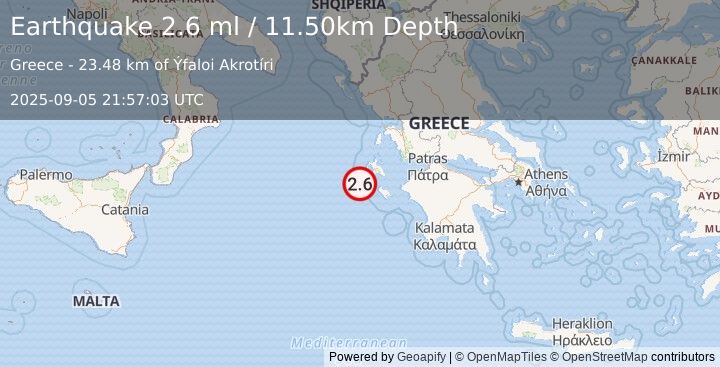Earthquake IONIAN SEA (2.6 ml) (2025-09-05 21:57:03 UTC)
