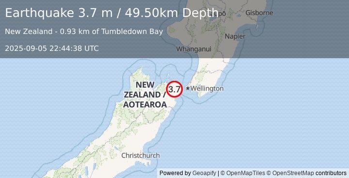 Earthquake COOK STRAIT, NEW ZEALAND (3.7 m) (2025-09-05 22:44:38 UTC)