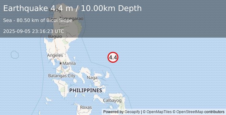 Earthquake CATANDUANES, PHILIPPINES (4.4 m) (2025-09-05 23:16:23 UTC)