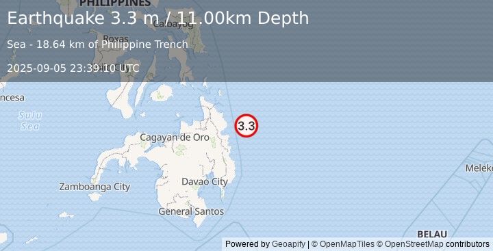 Earthquake MINDANAO, PHILIPPINES (3.3 m) (2025-09-05 23:39:10 UTC)