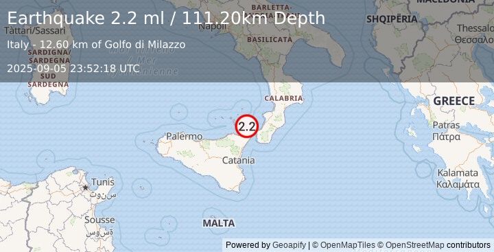 Earthquake SICILY, ITALY (2.2 ml) (2025-09-05 23:52:18 UTC)