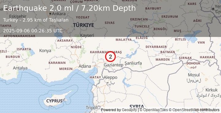 Earthquake CENTRAL TURKEY (2.0 ml) (2025-09-06 00:26:35 UTC)