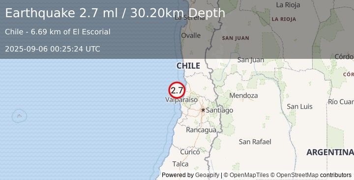 Earthquake OFFSHORE VALPARAISO, CHILE (2.7 ml) (2025-09-06 00:25:24 UTC)