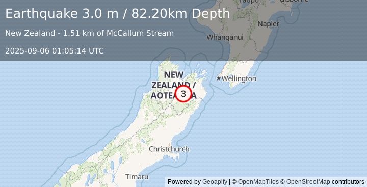 Earthquake SOUTH ISLAND OF NEW ZEALAND (3.0 m) (2025-09-06 01:05:14 UTC)