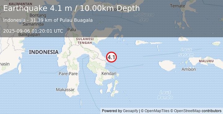 Earthquake SULAWESI, INDONESIA (4.1 m) (2025-09-06 01:20:01 UTC)