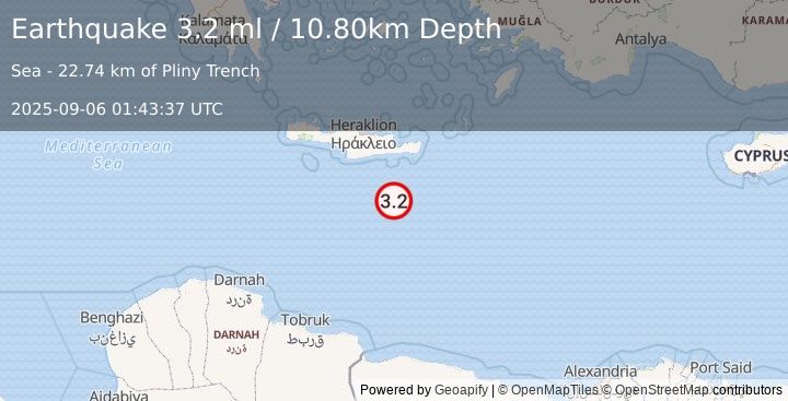 Earthquake CRETE, GREECE (3.2 ml) (2025-09-06 01:43:37 UTC)