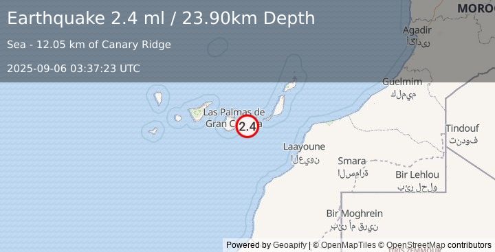 Earthquake CANARY ISLANDS, SPAIN REGION (2.4 ml) (2025-09-06 03:37:23 UTC)