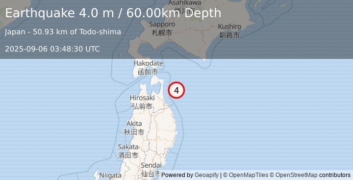 Earthquake HOKKAIDO, JAPAN REGION (4.0 m) (2025-09-06 03:48:30 UTC)
