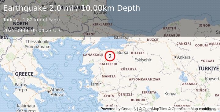 Earthquake WESTERN TURKEY (2.0 ml) (2025-09-06 05:04:26 UTC)