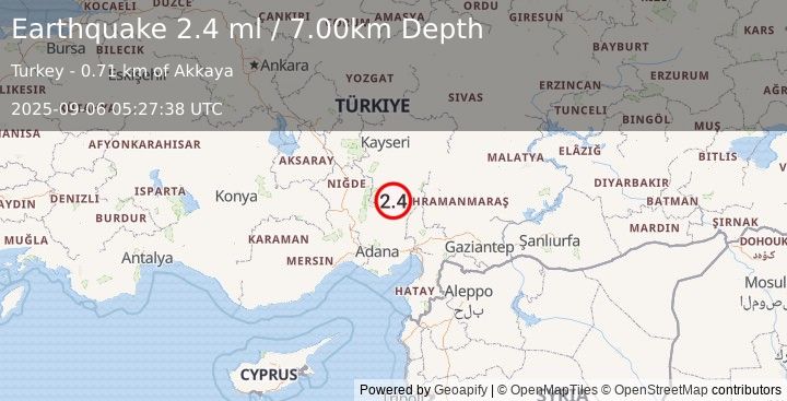 Earthquake CENTRAL TURKEY (2.5 ml) (2025-09-06 05:27:36 UTC)