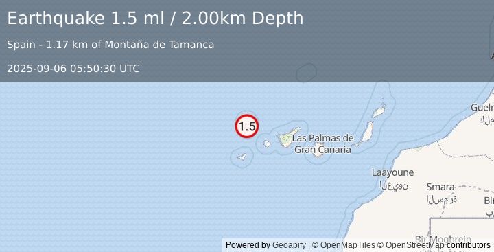 Earthquake CANARY ISLANDS, SPAIN REGION (1.5 ml) (2025-09-06 05:50:30 UTC)