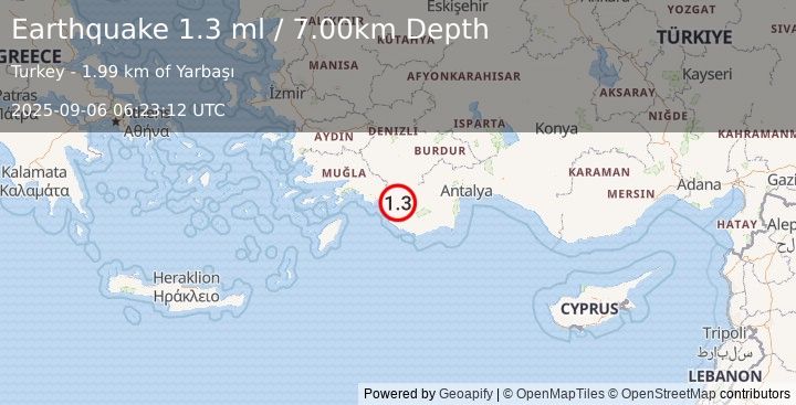 Earthquake WESTERN TURKEY (1.3 ml) (2025-09-06 06:23:12 UTC)