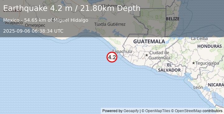 Earthquake OFFSHORE CHIAPAS, MEXICO (4.2 m) (2025-09-06 06:38:34 UTC)