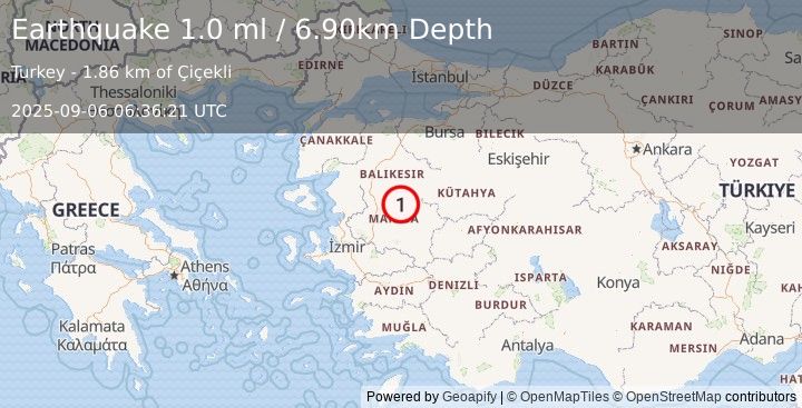 Earthquake WESTERN TURKEY (1.0 ml) (2025-09-06 06:36:21 UTC)