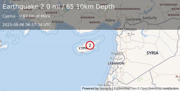 Earthquake CYPRUS REGION (2.0 ml) (2025-09-06 06:57:34 UTC)