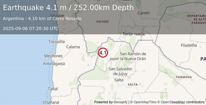 Earthquake JUJUY, ARGENTINA (4.1 m) (2025-09-06 07:20:30 UTC)