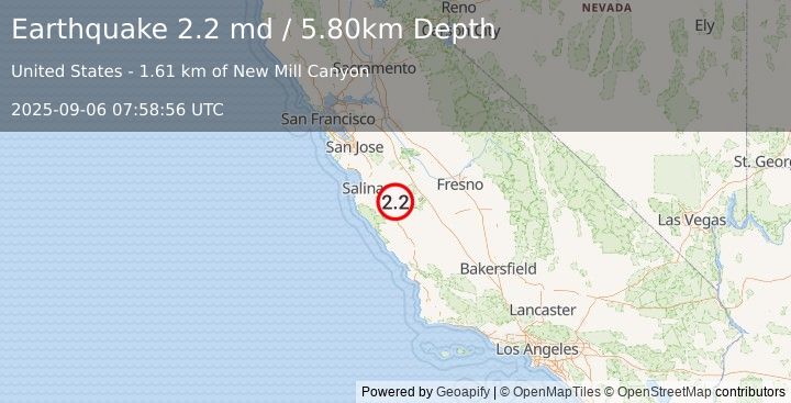 Earthquake CENTRAL CALIFORNIA (2.2 md) (2025-09-06 07:58:56 UTC)