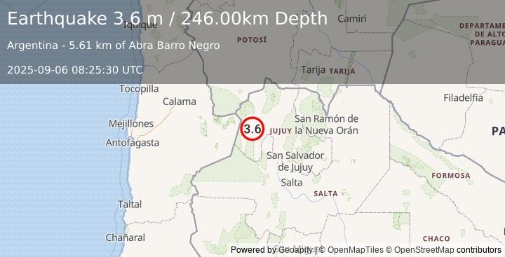 Earthquake JUJUY, ARGENTINA (3.6 m) (2025-09-06 08:25:30 UTC)