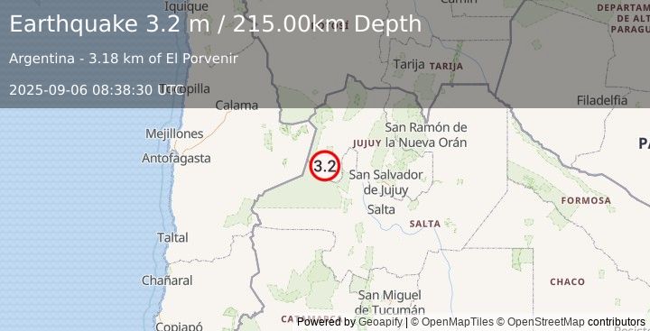 Earthquake ANTOFAGASTA, CHILE (3.2 ml) (2025-09-06 08:38:15 UTC)