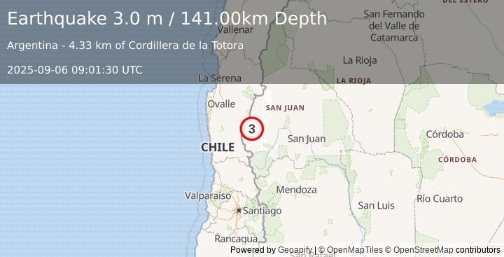Earthquake SAN JUAN, ARGENTINA (3.0 m) (2025-09-06 09:01:30 UTC)