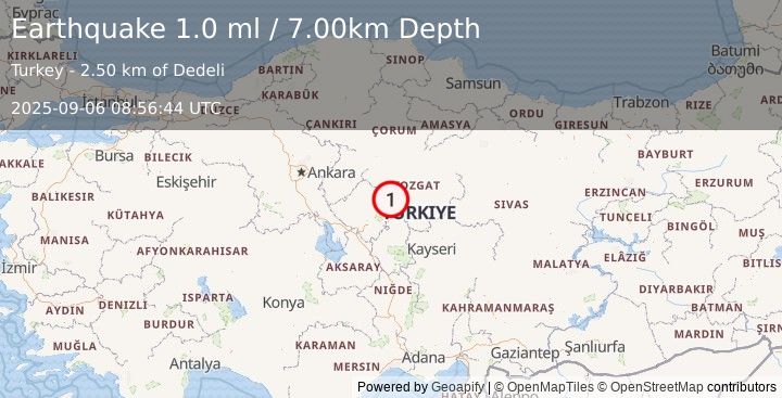 Earthquake CENTRAL TURKEY (1.0 ml) (2025-09-06 08:56:44 UTC)