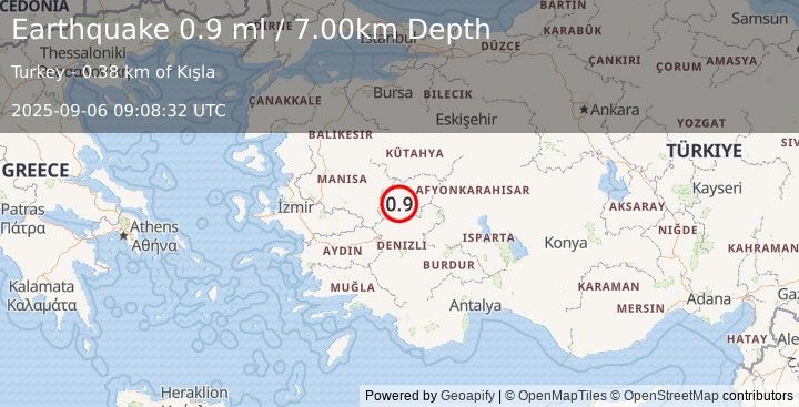 Earthquake WESTERN TURKEY (0.9 ml) (2025-09-06 09:08:32 UTC)