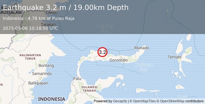 Earthquake MINAHASA, SULAWESI, INDONESIA (3.2 m) (2025-09-06 10:18:50 UTC)