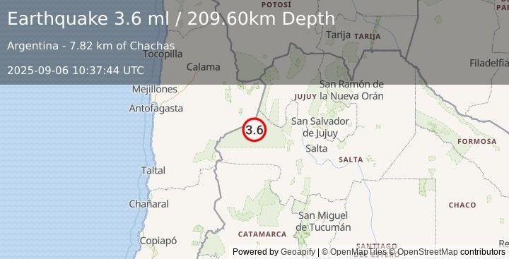Earthquake SALTA, ARGENTINA (3.6 ml) (2025-09-06 10:37:44 UTC)