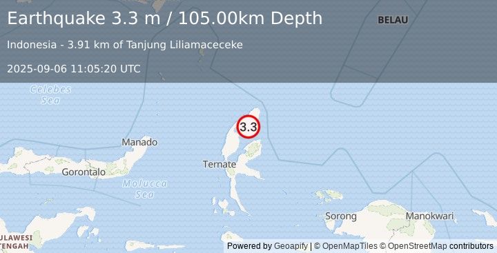 Earthquake HALMAHERA, INDONESIA (3.3 m) (2025-09-06 11:05:20 UTC)