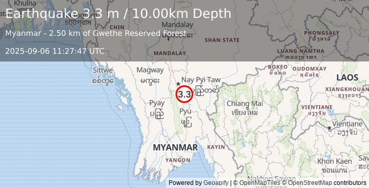 Earthquake MYANMAR (3.3 m) (2025-09-06 11:27:47 UTC)