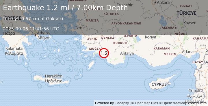 Earthquake DODECANESE IS.-TURKEY BORDER REG (1.2 ml) (2025-09-06 11:41:56 UTC)