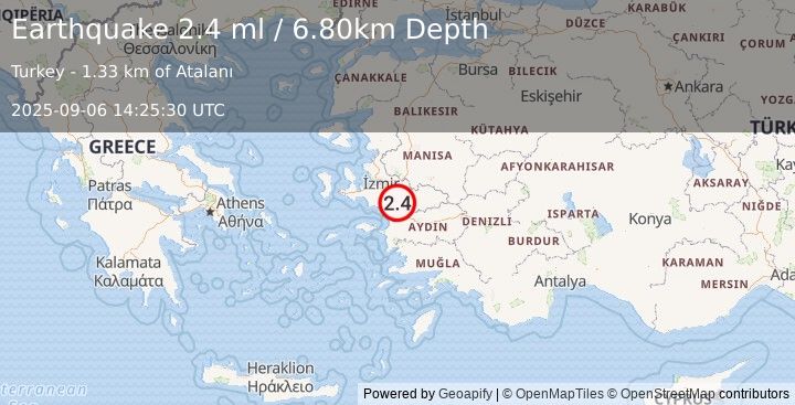 Earthquake WESTERN TURKEY (2.4 ml) (2025-09-06 14:25:30 UTC)
