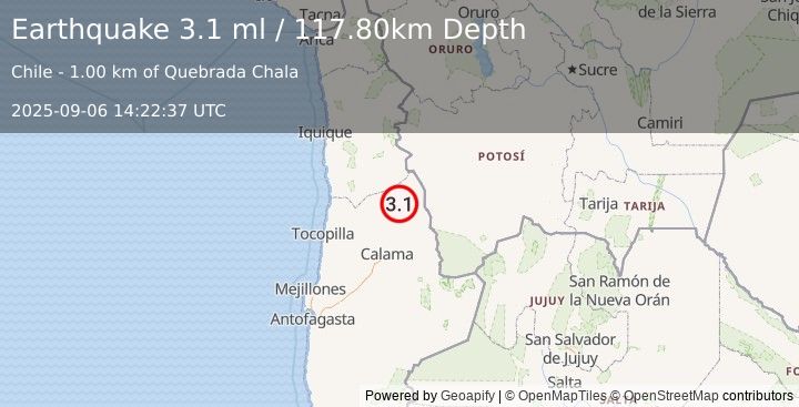 Earthquake ANTOFAGASTA, CHILE (3.1 ml) (2025-09-06 14:22:37 UTC)