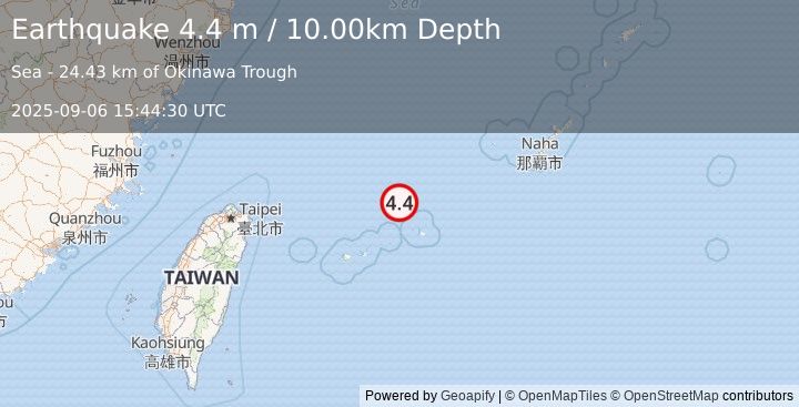Earthquake NORTHEAST OF TAIWAN (4.4 m) (2025-09-06 15:44:30 UTC)