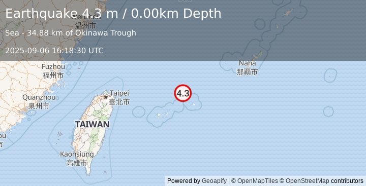 Earthquake NORTHEAST OF TAIWAN (4.3 m) (2025-09-06 16:18:30 UTC)
