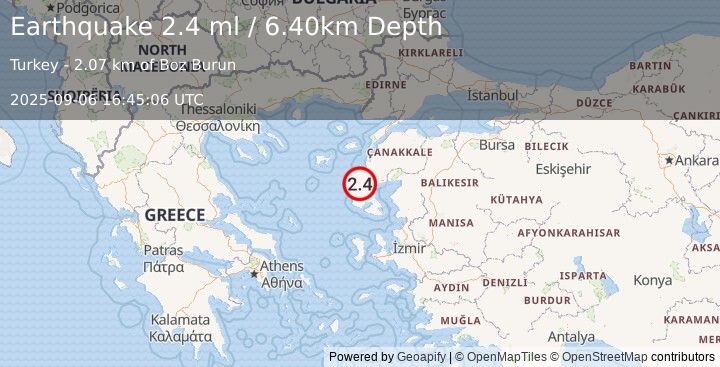 Earthquake NEAR THE COAST OF WESTERN TURKEY (2.4 ml) (2025-09-06 16:45:06 UTC)