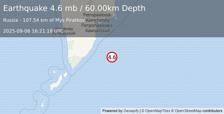 Earthquake OFF EAST COAST OF KAMCHATKA (4.6 mb) (2025-09-06 16:21:18 UTC)