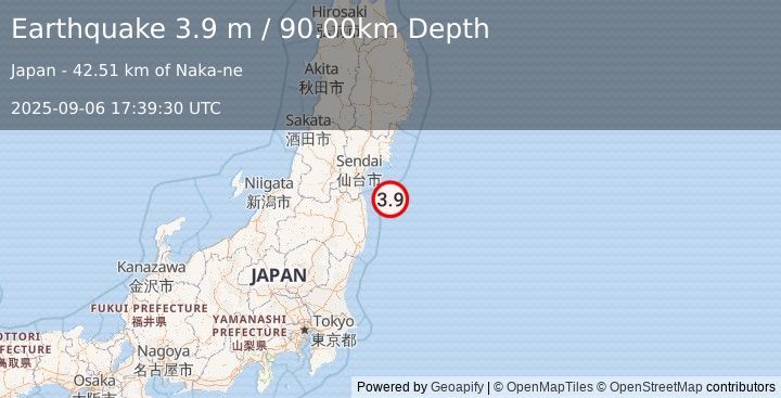Earthquake NEAR EAST COAST OF HONSHU, JAPAN (3.9 m) (2025-09-06 17:39:30 UTC)
