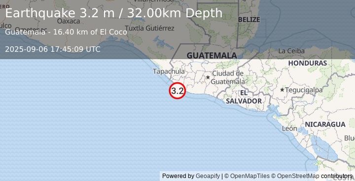 Earthquake OFFSHORE GUATEMALA (3.2 m) (2025-09-06 17:45:09 UTC)