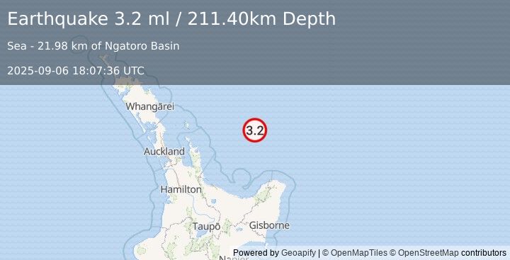 Earthquake OFF E. COAST OF N. ISLAND, N.Z. (3.2 ml) (2025-09-06 18:07:36 UTC)
