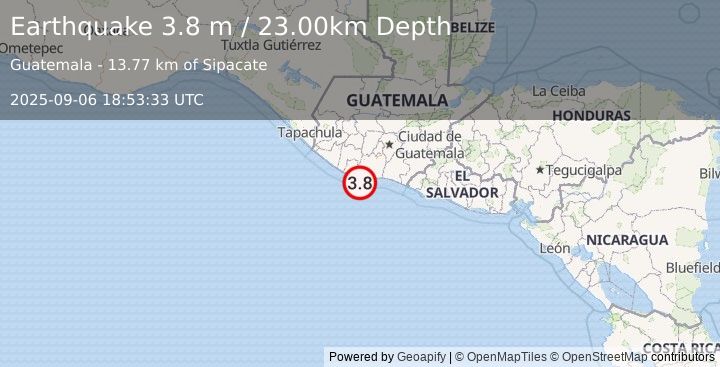 Earthquake OFFSHORE GUATEMALA (3.8 m) (2025-09-06 18:53:33 UTC)