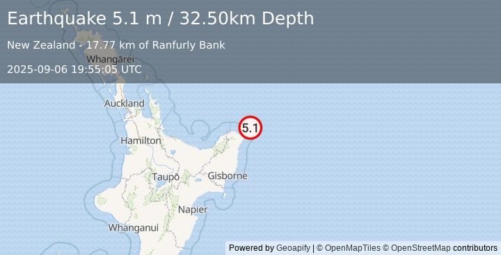 Earthquake OFF E. COAST OF N. ISLAND, N.Z. (5.1 m) (2025-09-06 19:55:05 UTC)