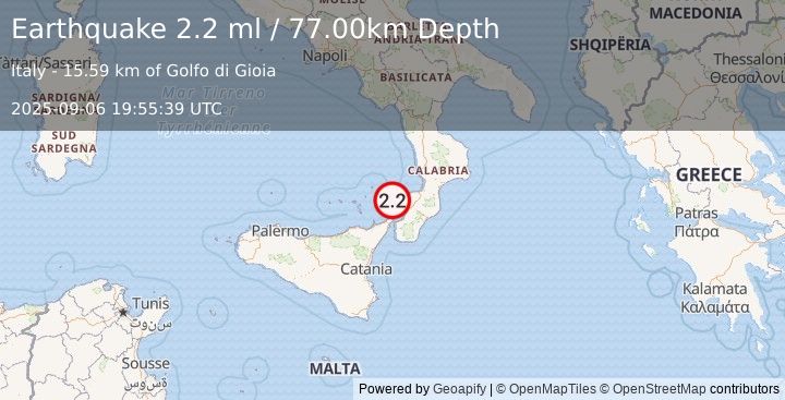 Earthquake SICILY, ITALY (2.2 ml) (2025-09-06 19:55:39 UTC)