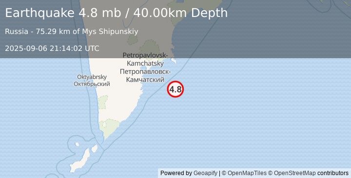 Earthquake OFF EAST COAST OF KAMCHATKA (4.8 mb) (2025-09-06 21:14:02 UTC)
